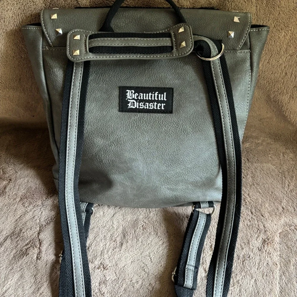 Beautiful Disaster Grey Studded Convertible Backpack Crossbody Bag Skull Punk